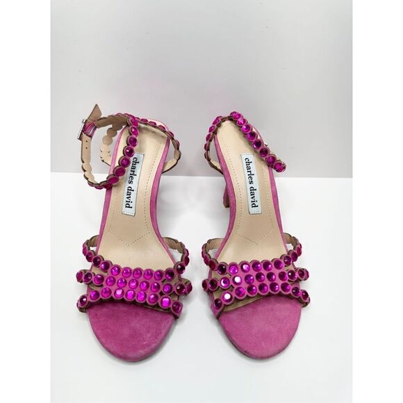 Charles David Sandals Ladies Size 5 Pink Rhinestones Suede Ankle Strap Heels - Picture 4 of 10